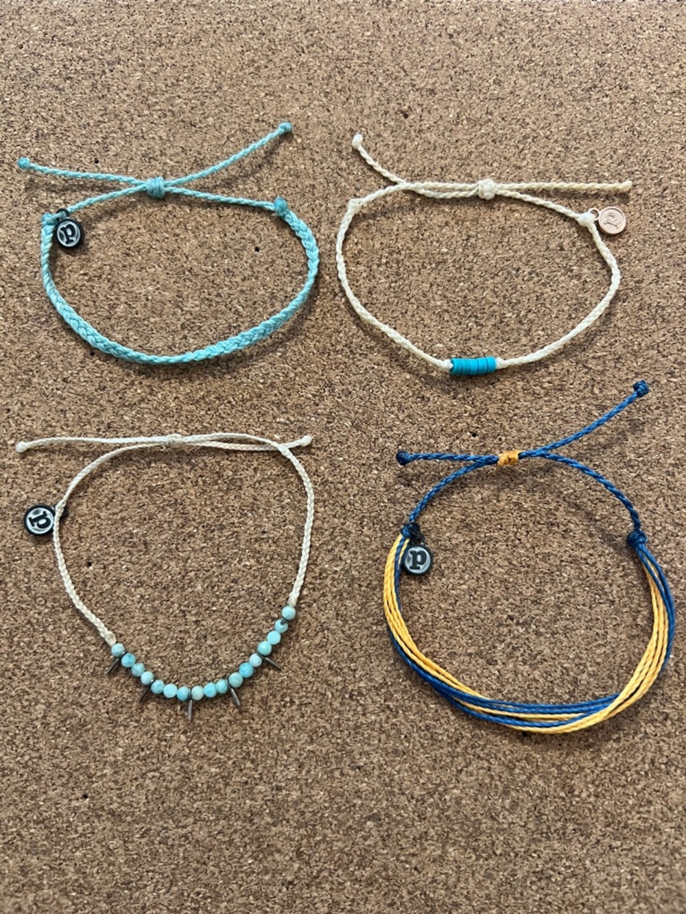 Lot of 4 Pura Vida Braided Beaded Bracelets Blue Teal Cream